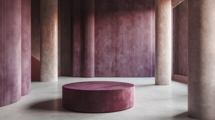Plum-colored cylindrical podium in a spacious, minimalist interior featuring textured columns and soft lighting.