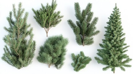 Isolated green fir, pine, and spruce branches arranged on a white background, ideal for festive Christmas decorations and winter holiday themes.