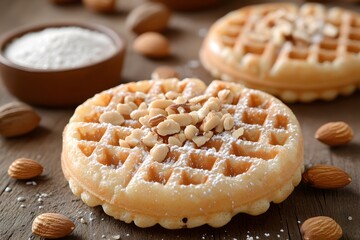 Delicious waffles topped with nuts and powdered sugar on a rustic wooden table.