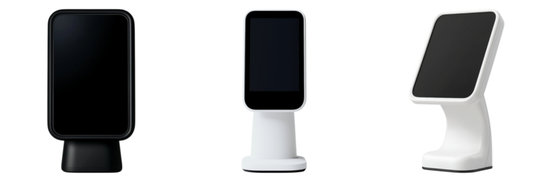 Register and complete signup verification to start concept. Three modern digital display screens on stands in sleek designs.