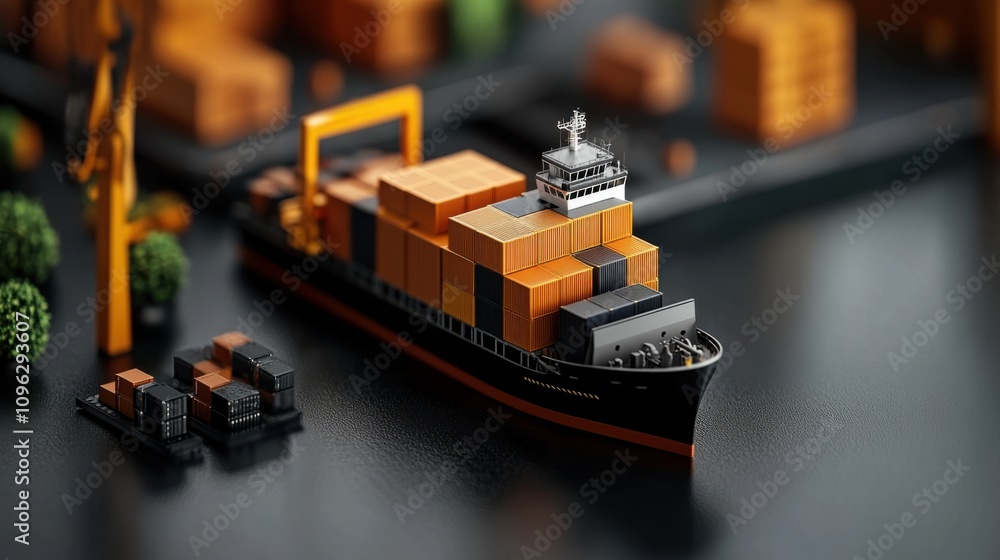 Poster detailed view of a cargo ship loaded with colorful shipping containers in a busy port setting featur