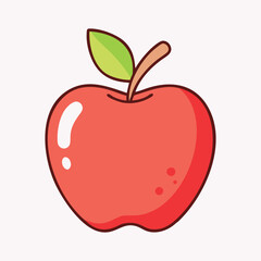 Cute Cartoon Red Apple With Green Leaf And Shiny Surface