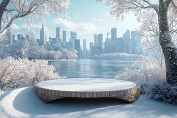 Product podium against the backdrop of a winter cityscape