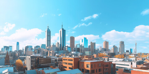 Naklejka premium Modern Skyline with High-Rise Office Buildings under Blue Sky