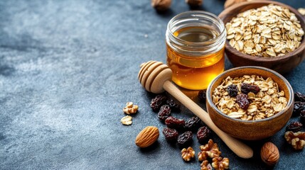 Fototapeta premium Homemade oatmeal granola ingredients displayed in a glass jar, including oat flakes, honey, raisins, and assorted nuts, perfect for a healthy breakfast.