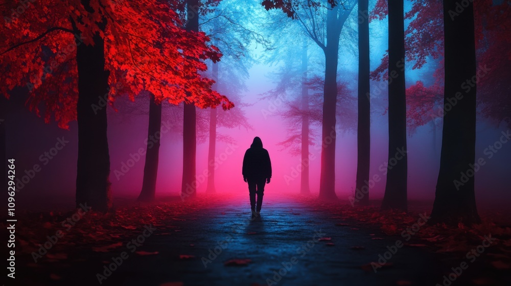 Poster mysterious figure walking through ethereal fog in a colorful forest with red and blue lights surroun
