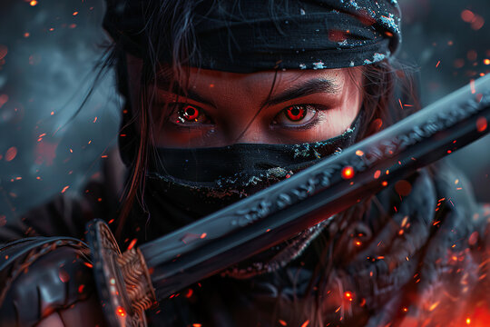 Japanese ninja warrior dressed in samurai clothes holding sharp sword