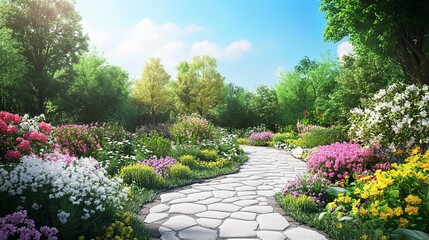 Fototapeta premium Malownicza ścieżka przez tętniący życiem ogród kwiatowy, naturalny azyl, krajobraz na świeżym powietrzu, spokojna atmosfera, piękno w ciągu dnia