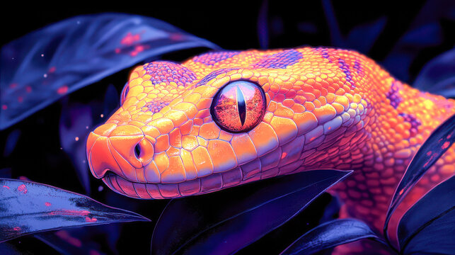Vibrant orange python with vivid eyes in lush jungle foliage at night
