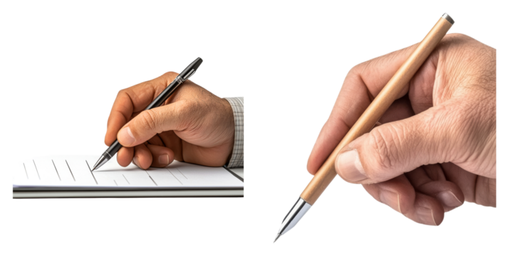 Register and complete signup verification to start concept. Hands holding pens writing on paper and a notepad.