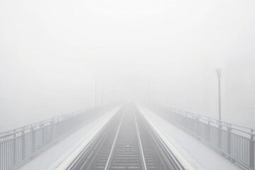 Obraz premium Misty Train Tracks in Foggy Weather, Capturing an Eerie Sense of Isolation and Tranquility on a Quiet Morning, Ideal for Travel and Landscape Themes