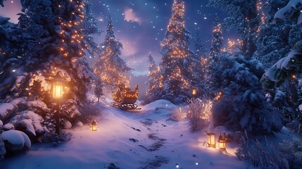 Fototapeta premium A magical forest scene featuring a trail lit by glowing lanterns, snow-covered trees, and a sleigh filled with presents ready for delivery