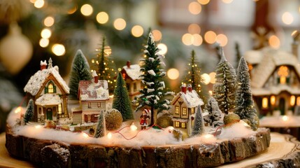 A beautiful Christmas village with trees and lights on the table