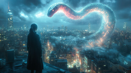 Woman on rooftop observing large serpent in illuminated cityscape at night