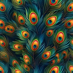 Fototapeta premium Vibrant peacock feathers with striking eye patterns in vivid colors of blue green orange and yellow