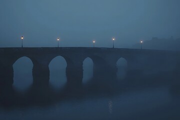 Mysterious Foggy Landscape with a Historic Stone Bridge Illuminated by Street Lamps at Dusk, Capturing the Serenity and Intrigues of Nature's Beauty