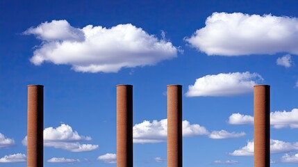 An industrial plant features tall smokestacks set against a bright blue sky filled with fluffy clouds, showcasing raw beauty and structure
