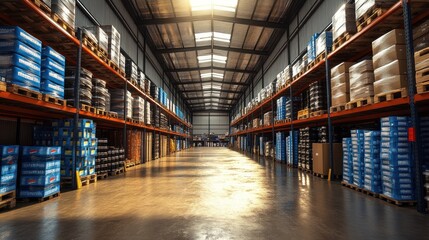 Fototapeta premium Vast Warehouse Interior: Rows of Pallets and Boxes, Sunlight Streaming Through the High Roof