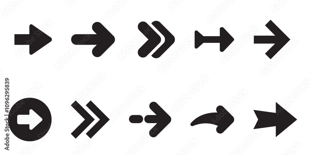 Poster set of black arrow symbols in geometric styles including circles and triangles.