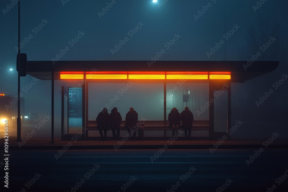 Poster people waiting at a bus stop in the fog at night with illuminated shelter in an urban environment, c