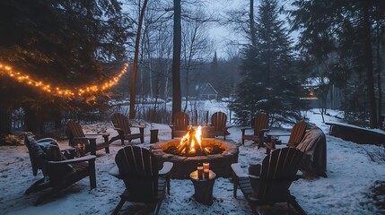 A cozy outdoor fire pit surrounded by chairs, with people wrapped in blankets drinking hot cocoa and a snowy forest in the background