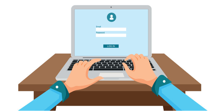 Person typing login credentials on a laptop on a wooden desk.