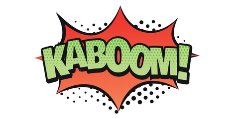 Comic-style text 'KABOOM!' in green letters with red explosion background.