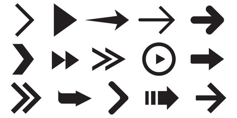 Set of black directional arrows in various geometric shapes. Isolated on white background.