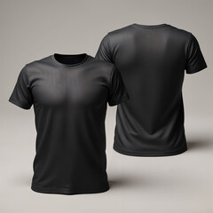 A high-quality 3D mockup of a plain black T-shirt, displayed in both front and back views with no model. The T-shirt has a smooth, realistic fabric texture, short sleeves, AI generative  