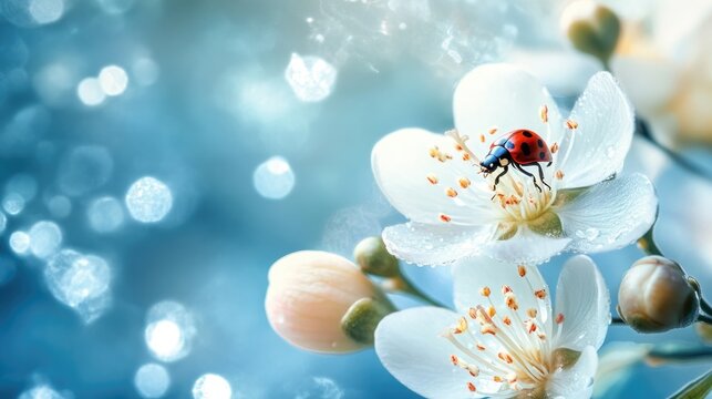 Delicate white flower arrangement with budding blooms and a ladybug, set against a shimmering blue background, featuring macro details and ample copy space.