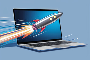 A digital illustration of a sleek rocket launching out of a laptop screen, with dynamic motion trails. The scene has a modern, blue background, AI generative  