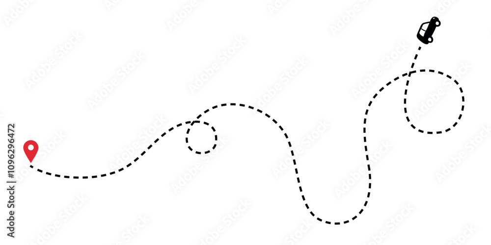 Poster dotted line path with a car and a red destination marker.