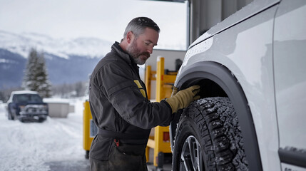 Mechanic inspecting a tire on a vehicle in a snowy mountain setting.