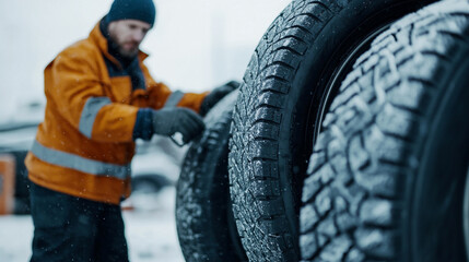 Fototapeta premium Mechanic working on winter tires in a snowy environment, ensuring safety for drivers.