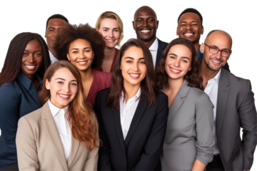 Group of smiling business interacial people in suits on transparent background. Groups of people in business attire. Rich man and women. Business leader. Startup boss. Isolated image. PNG cut out.