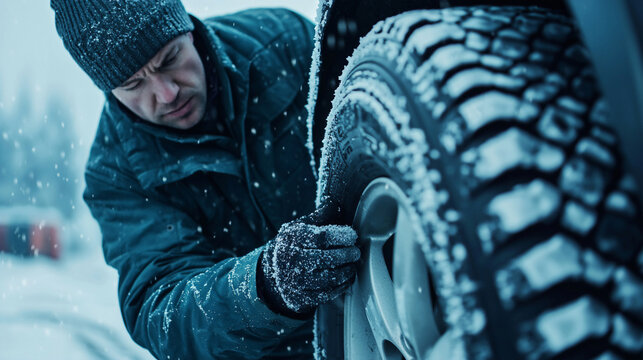 Man servicing a tire during winter snowfall, demonstrating vehicle maintenance skills.