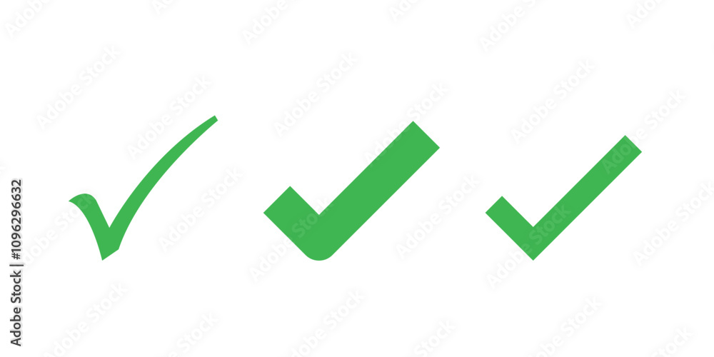 Poster set of green checkmark icons in various styles. flat style isolated on white background.