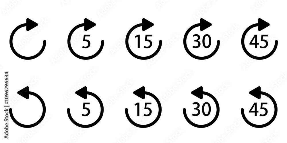 Aufkleber set of circular timer icons with clockwise and counterclockwise arrows and time indicators.