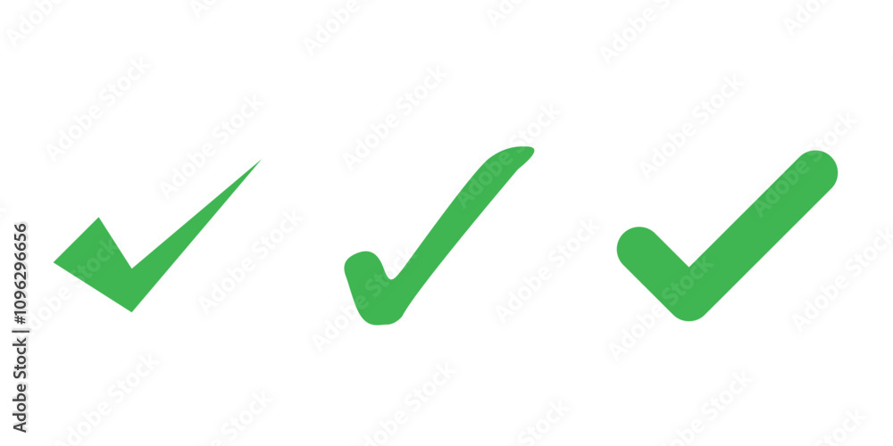 Poster set of green checkmark icons in various styles. flat style isolated on white background.