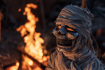 Scary mummy wandering in street with dramatic lighting on Halloween