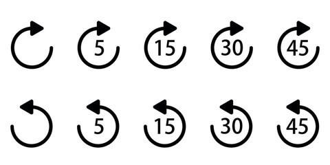 Set of circular timer icons with clockwise and counterclockwise arrows and time indicators.