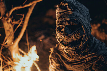 Scary mummy wandering in street with dramatic lighting on Halloween
