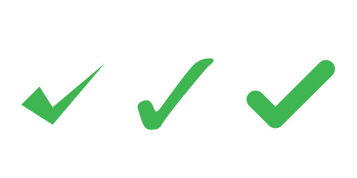 Set of green checkmark icons in various styles. Flat style isolated on white background.