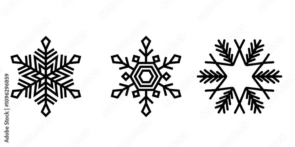 Poster set of three black snowflakes in unique symmetrical designs. flat style icons isolated on white back
