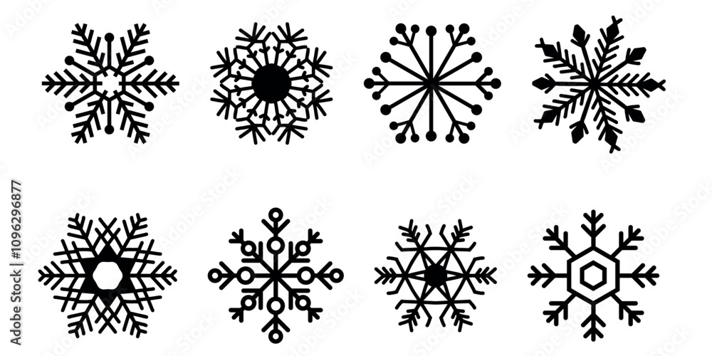 Poster set of black snowflake designs in various symmetrical shapes. flat style icons isolated on white bac