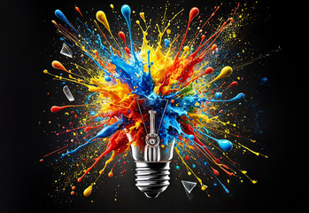 light bulb exploding with vibrant, colourful paint splashes on a black background, Ai generative