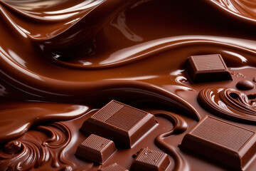 chocolate with a glossy finish, cascading in waves, delicious chocolate background, Ai generative