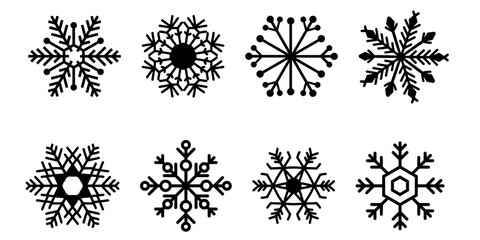 Set of black snowflake designs in various symmetrical shapes. Flat style icons isolated on white background.