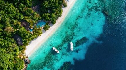 Aerial view of a vibrant turquoise sea meeting a white sandy shore, perfect for a tropical background