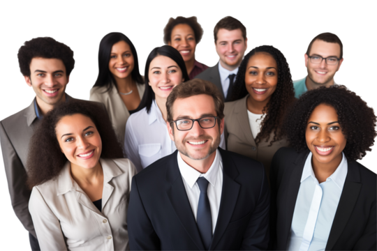 Group of smiling business interacial people in suits on transparent background. Groups of people in business attire. Rich man and women. Business leader. Startup boss. Isolated image. PNG cut out.